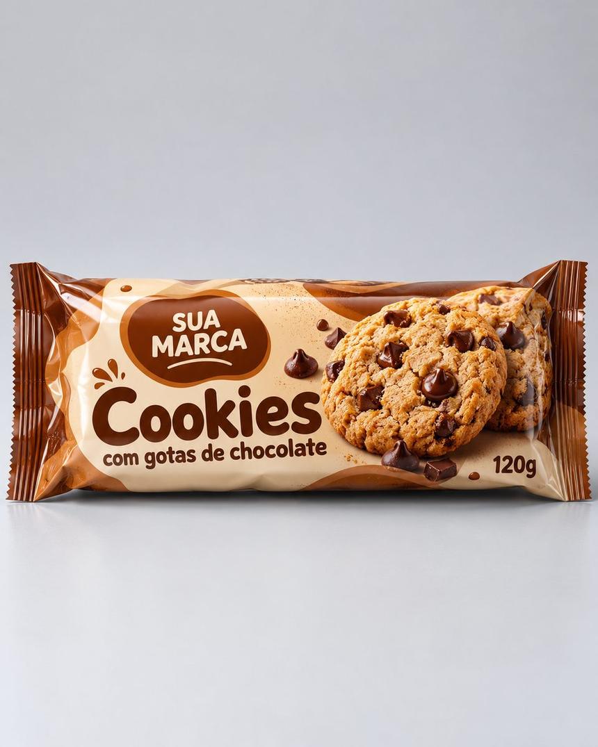 Embalagem flow pack de cookies, arte demonstrativa