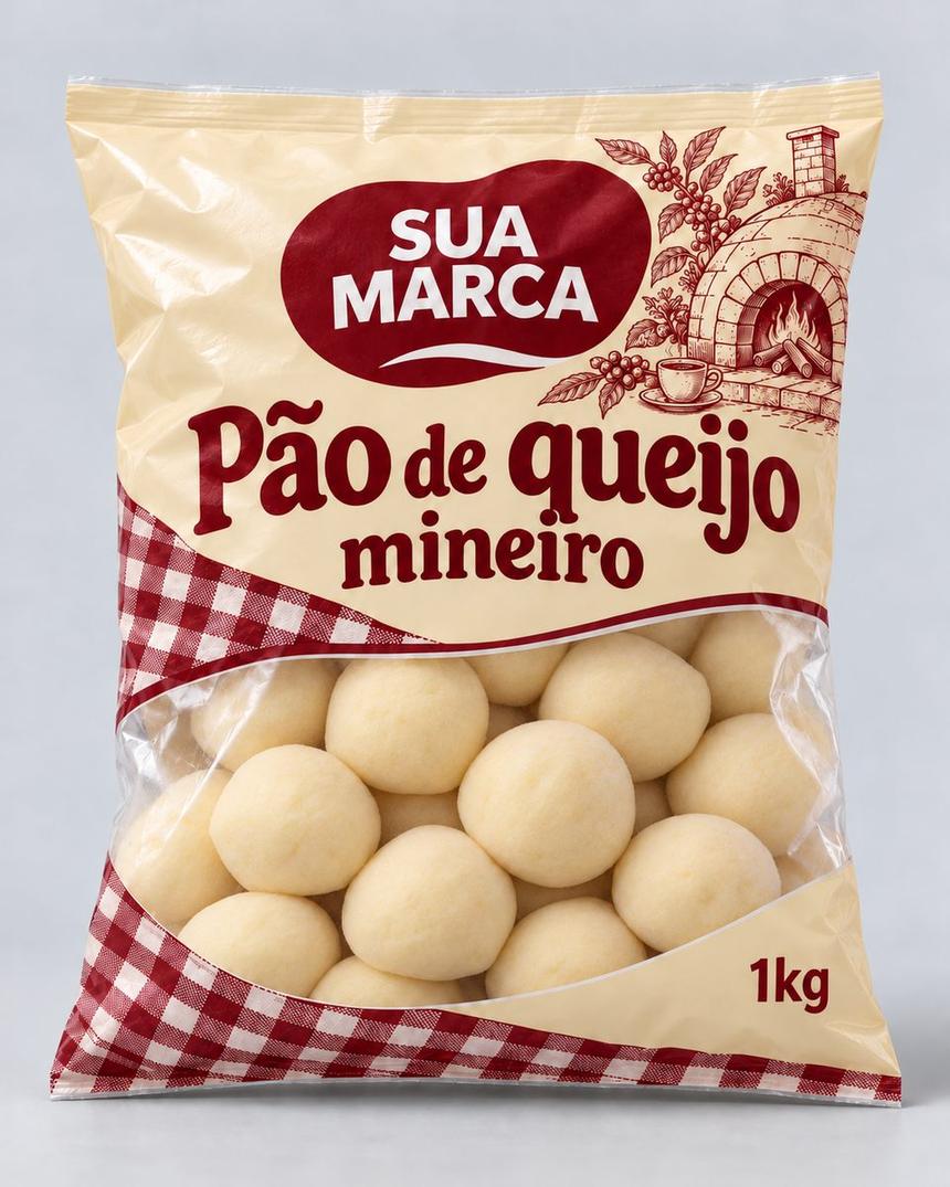 Pacote de pão de queijo congelado, arte demonstrativa