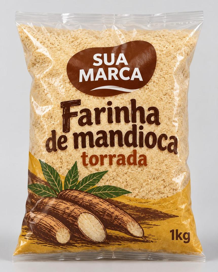 Pacote de farinha de mandioca torrada, arte demonstrativa