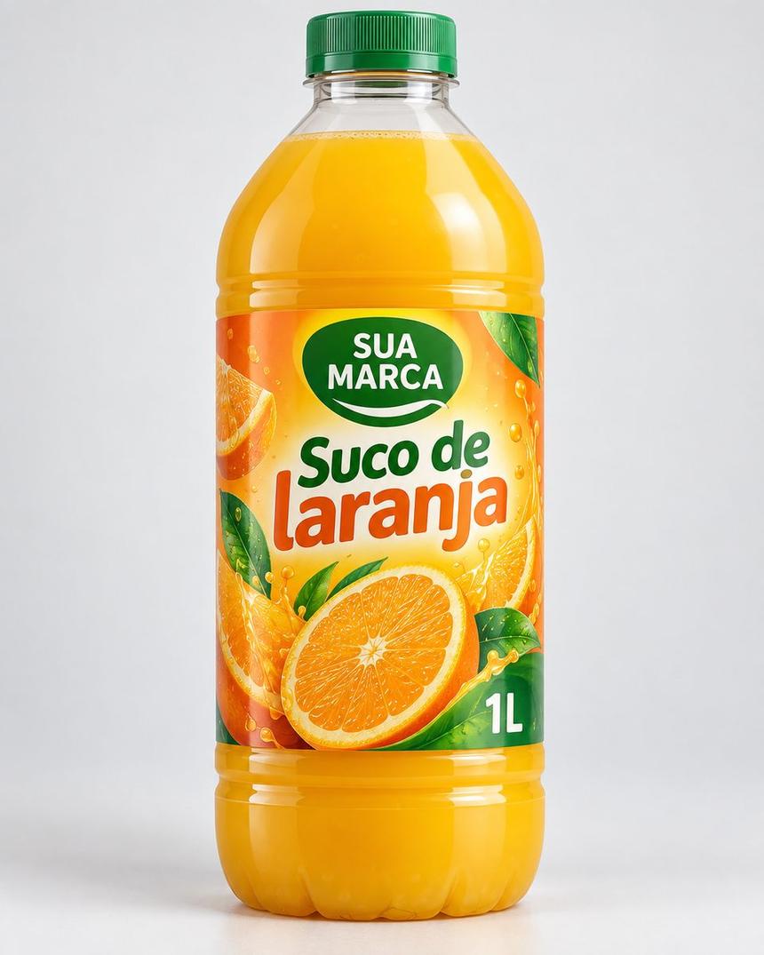 Garrafa de suco de laranja com rótulo, arte demonstrativa