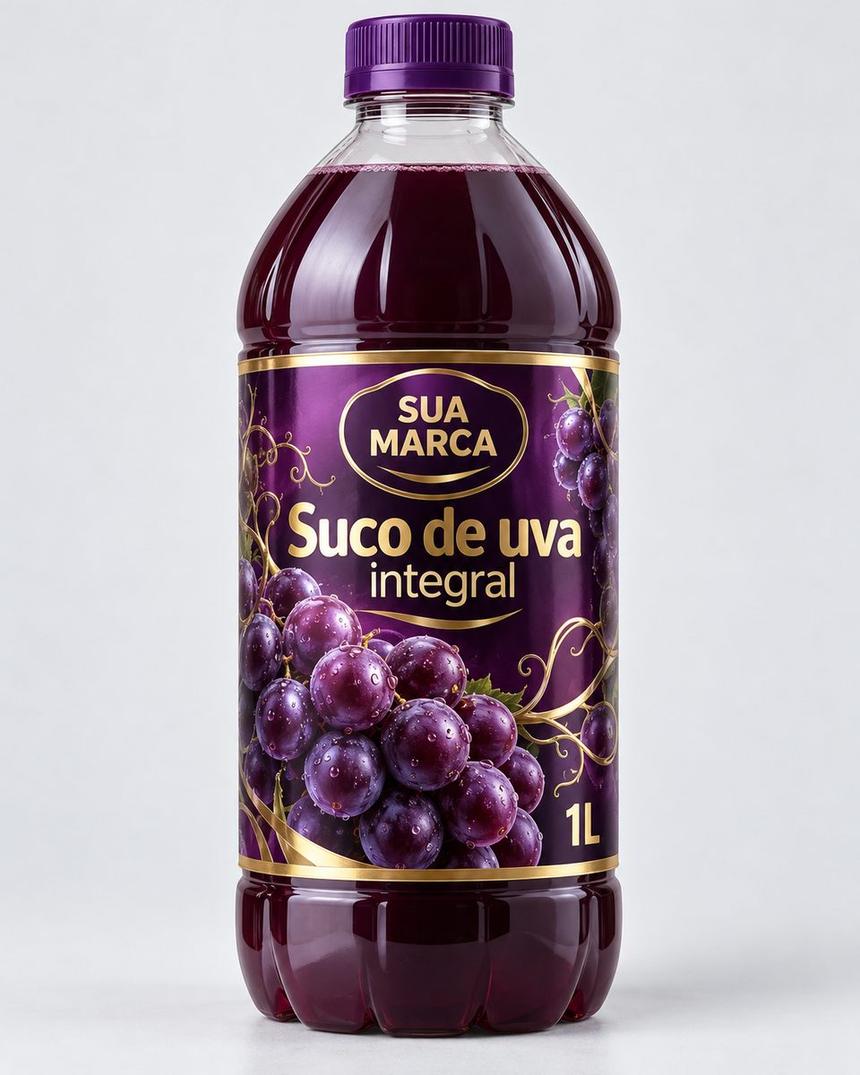 Garrafa de suco de uva com rótulo, arte demonstrativa