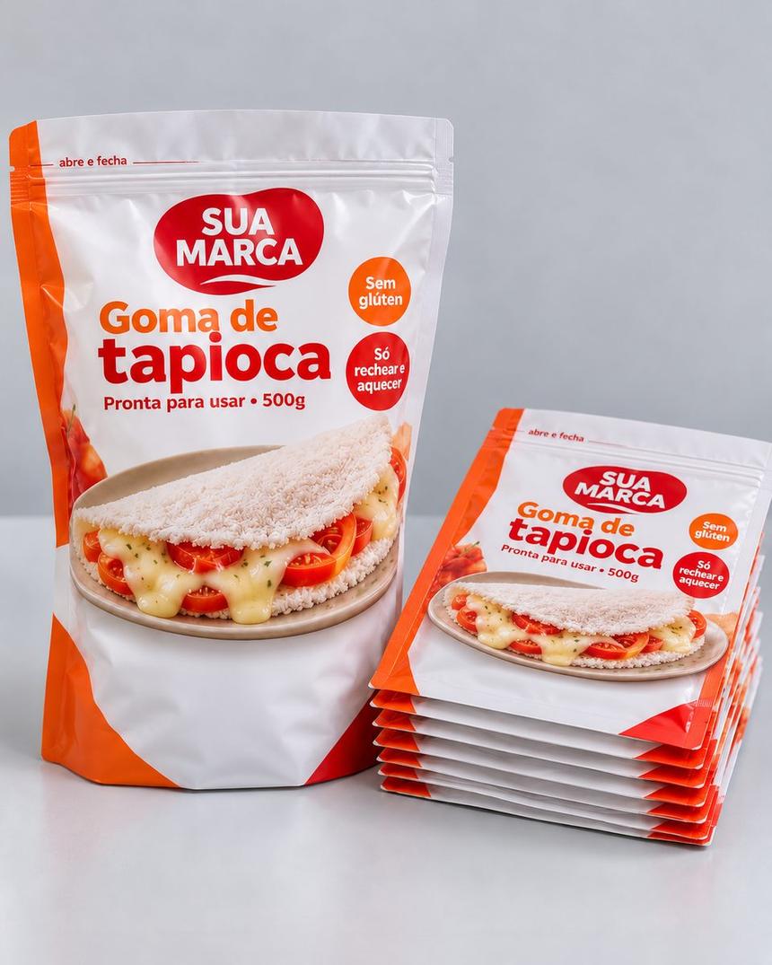 Pouch de goma de tapioca com zíper e pilha de pouches fechados, arte demonstrativa