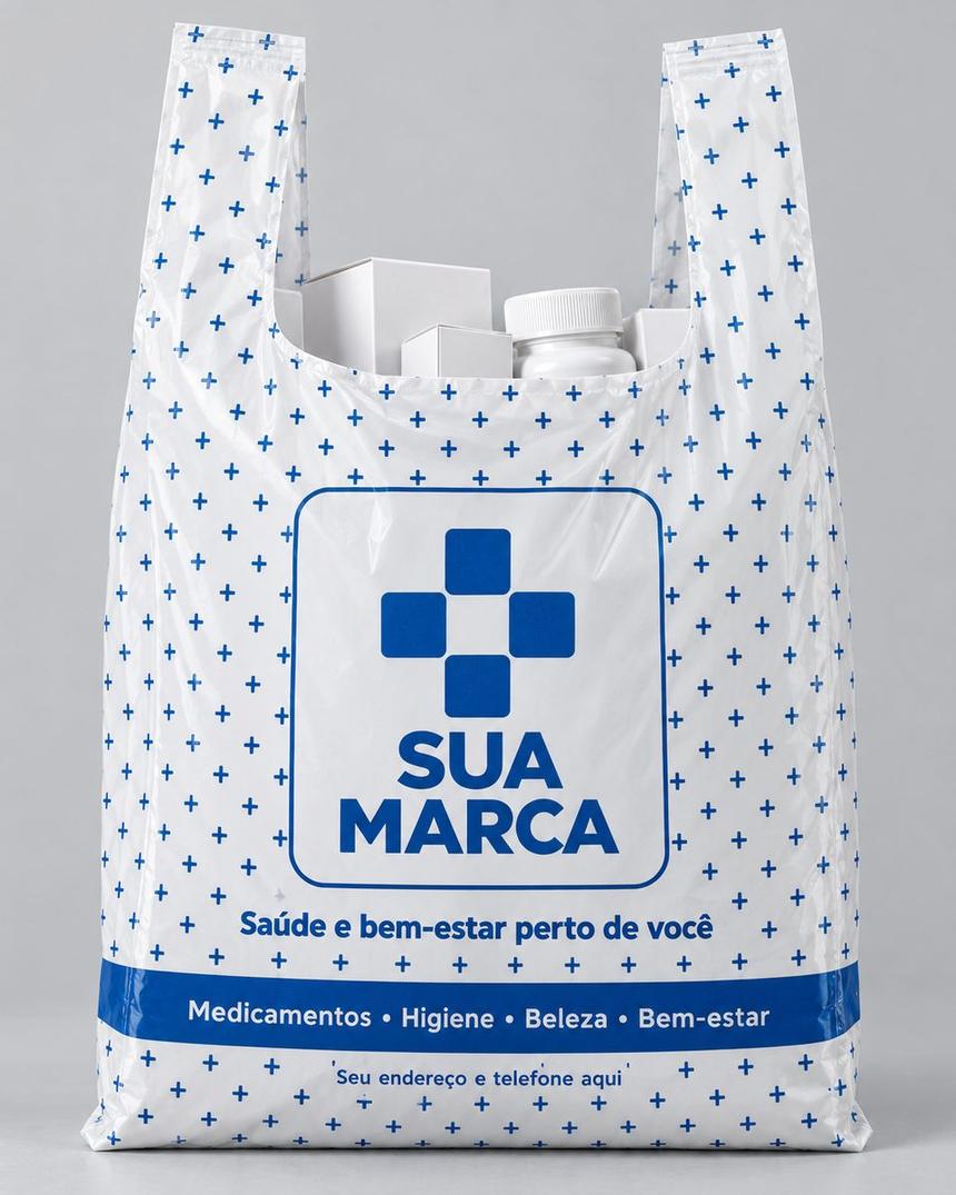 Sacola alça camiseta personalizada para farmácia, arte azul