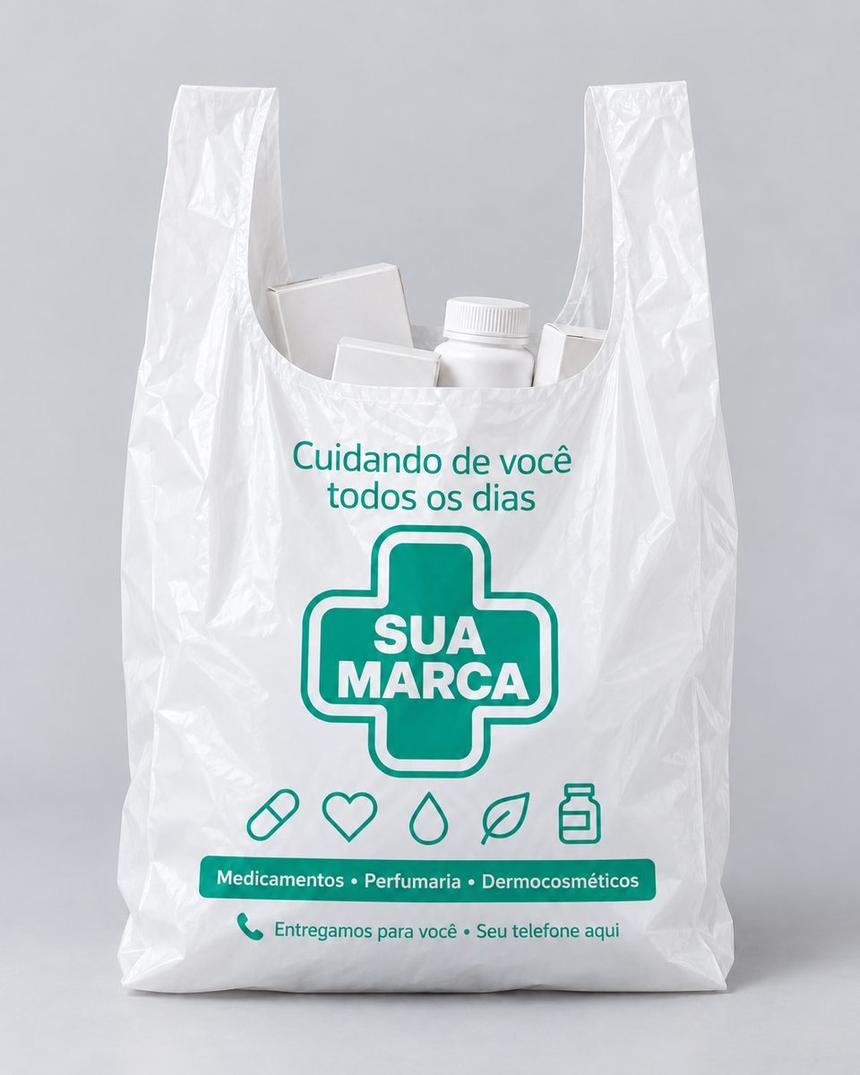 Sacola alça camiseta personalizada para farmácia, arte verde-água
