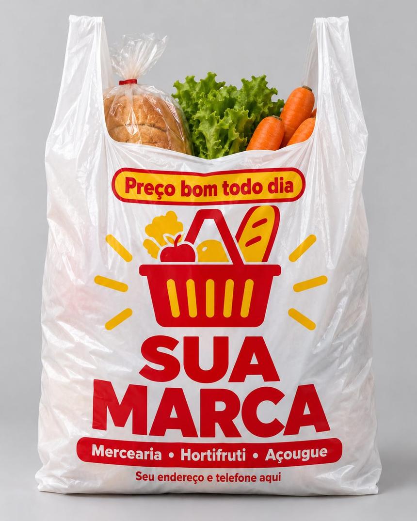 Sacola alça camiseta personalizada para mercado, arte vermelha