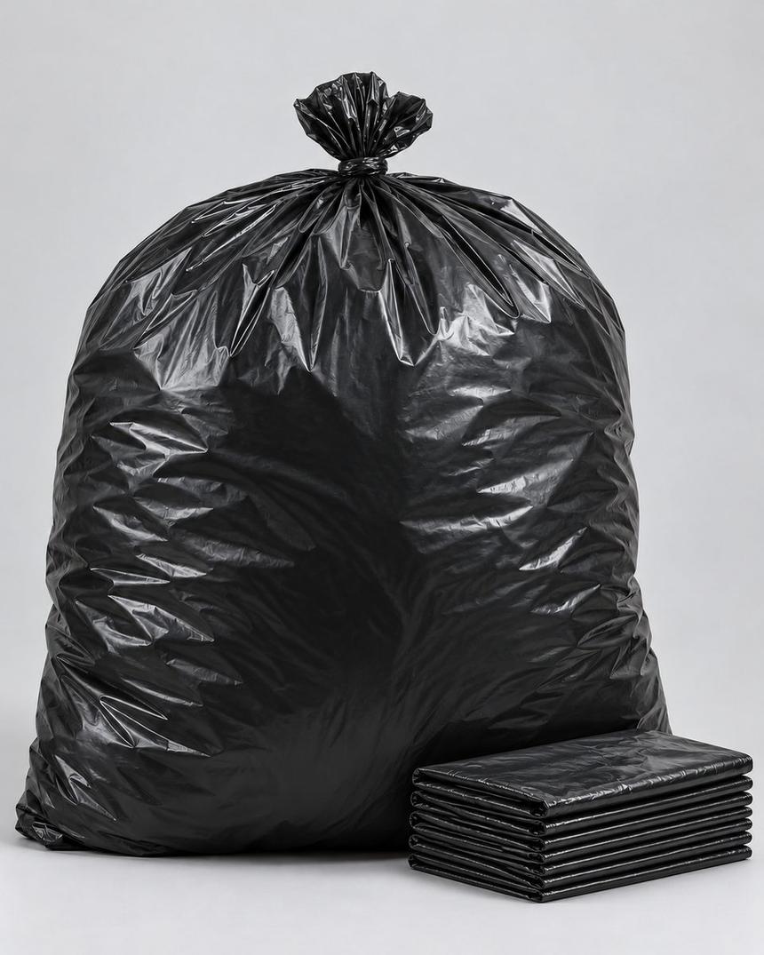 Saco para lixo preto e pilha de sacos dobrados